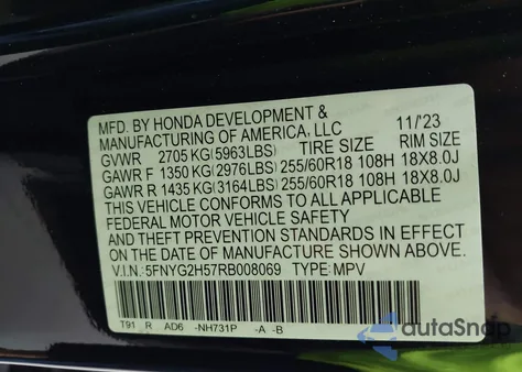 2024 Honda Pilot Ex-L 7 Passenger из США, поврежденный, VIN 5FNYG2H57RB008069